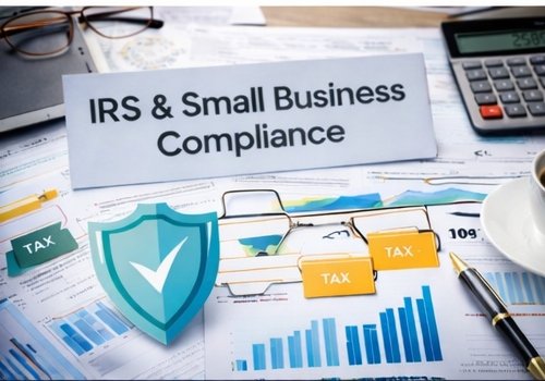 banner reading IRS and small business compliance on a desk with papers and calculator