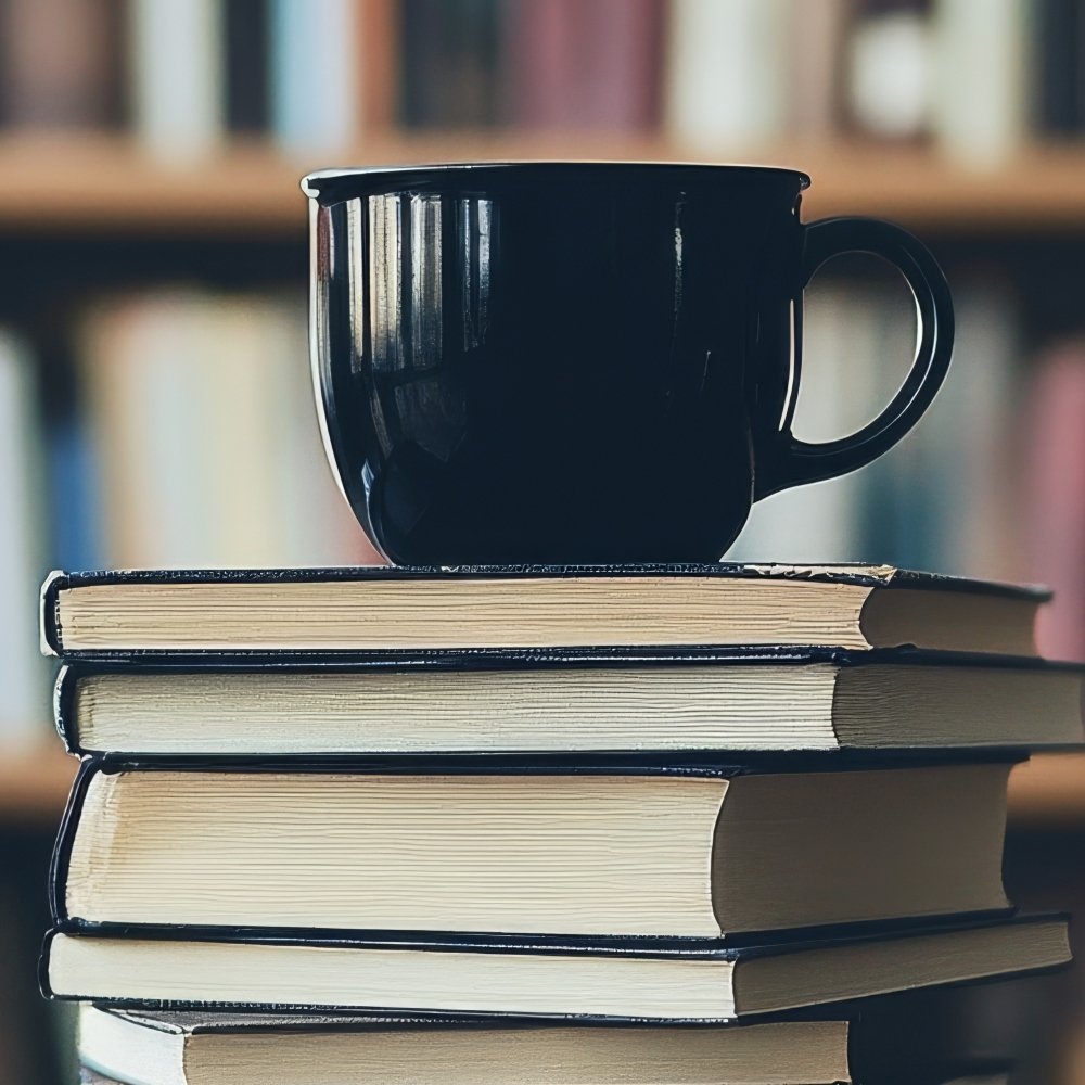 A black coffee mug sitting on top of a stack of books.